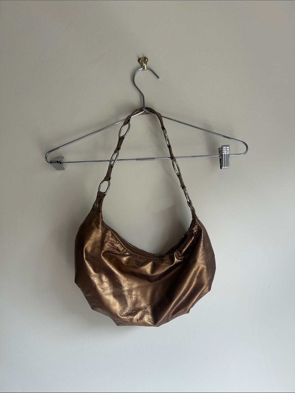 Metallic Bronze Shoulder Bag with Chain-Link Strap